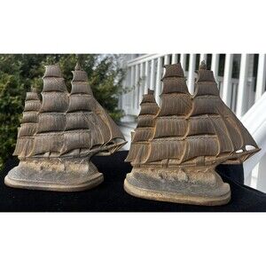 Pair 1920's Clipper Ship Nautical Boat Bookends Signed Bron Met Cast Iron Metal